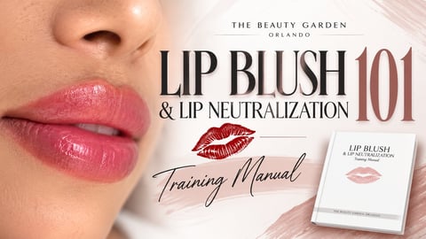 Beauty tutorial graphic for Lip Blush 101 training manual showing close-up of pink tinted lips and product packaging
