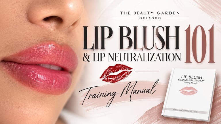 Beauty tutorial graphic for Lip Blush 101 training manual showing close-up of pink tinted lips and product packaging